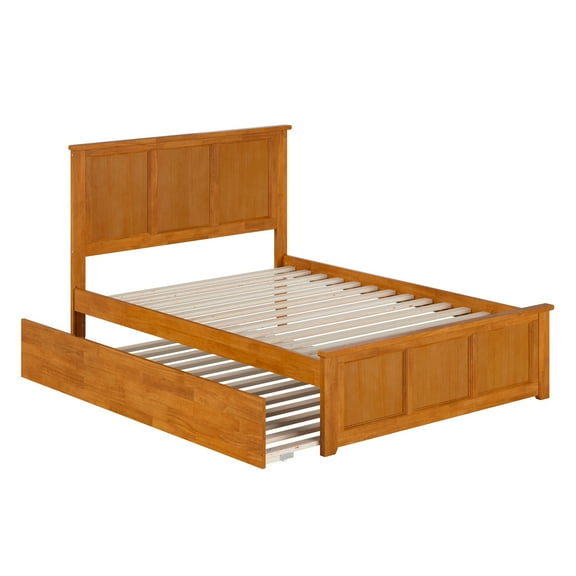 Solid Wood Platform Bed with Trundle - Full Size Bed Frame, Modern Style, Light Toffee Finish