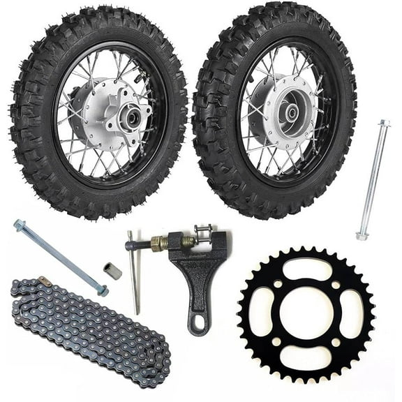 Front & Rear 2.50-10 Tire and Rim 10" Wheels Drum Brake Kit with Chain & Sprocket & 12mm Axle Bolt for CRF50 XR50 TTR50 PW50 Pit Dirt Bike SSR Coolster 70cc 110cc