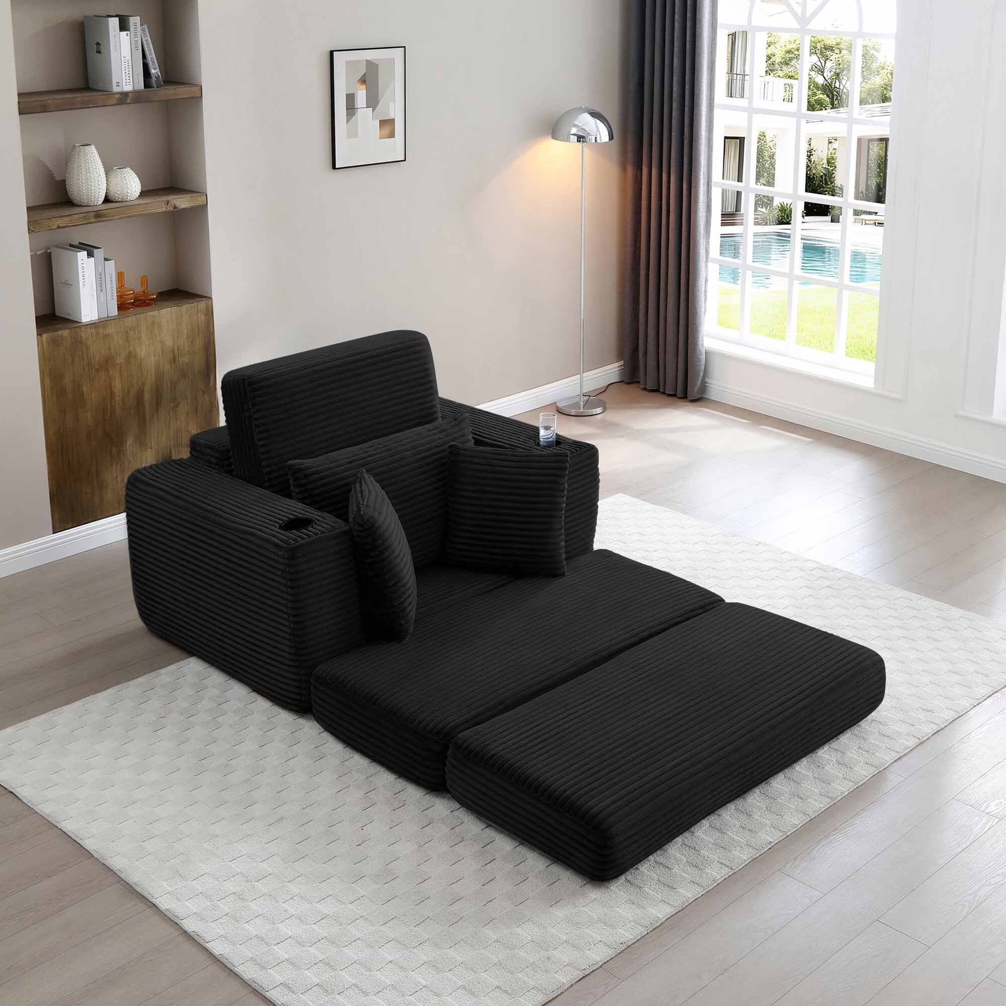 Lunale Boneless Chaise Lounge Chair with Ottoman, 52" Oversized 3-in-1 Convertible Sofa Chair for Living Room, Black Corduroy