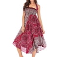 thumbnail image 2 of SWSMCLT Women's Swing Boho Asymmetric Summer Beach Tropical Bohemian Billowy Dress Lightweight Front Tie Pleated Sundress Long Skirt Ladies Casual Patterned1 Burgundy Red Small-Large, 2 of 5