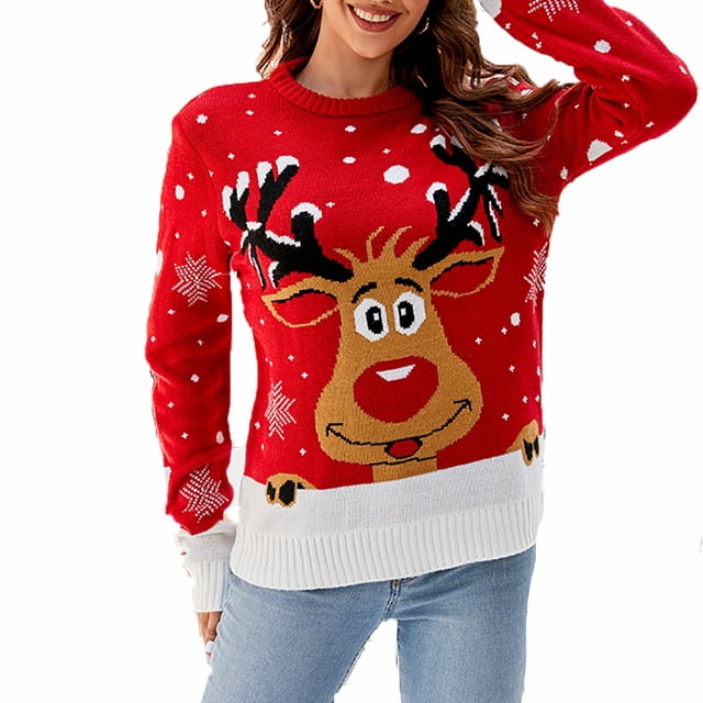 Jersey navideño para mujer, cuello redondo, manga larga, punto, con copos de nieve de reno, jersey noruego suave y cálido para invierno (L)