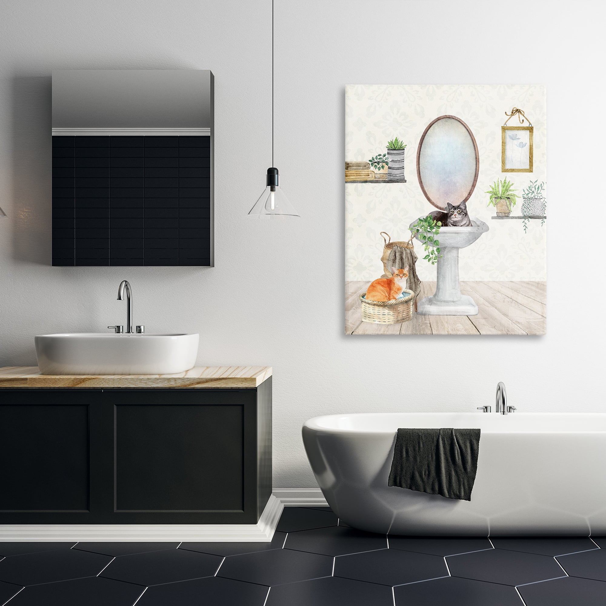 Stupell Industries Cats in Bathroom Scene Bath & Laundry Painting Wrapped Canvas Art Print Wall Art, 36 x 48
