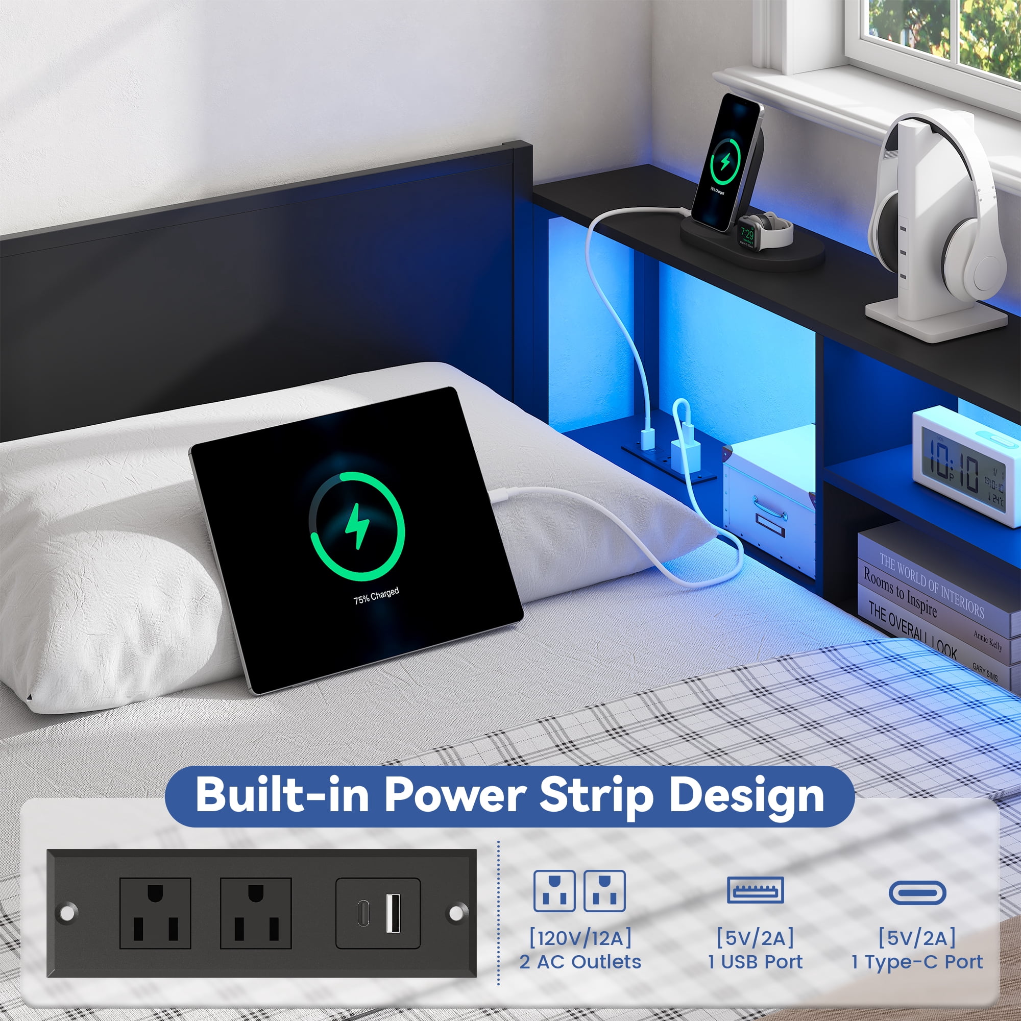 Miniyam King Size Bed Frame with Storage, 2-in-1 Convertible Twin Beds, LED & Charging Station, Gray