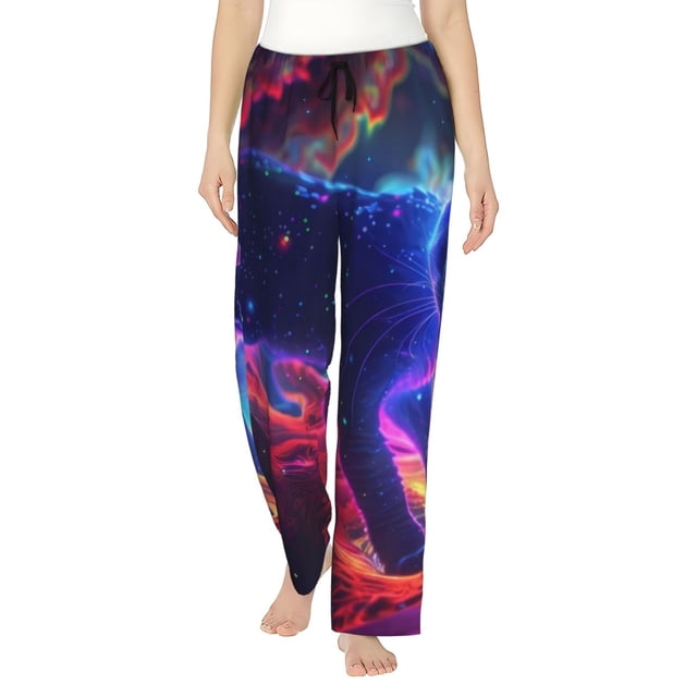 Balery Cosmic Cat Psychedelic Journey Pantalones de pijama para mujer, pijamas ultraligeros, pantalones de estar por casa-Medium