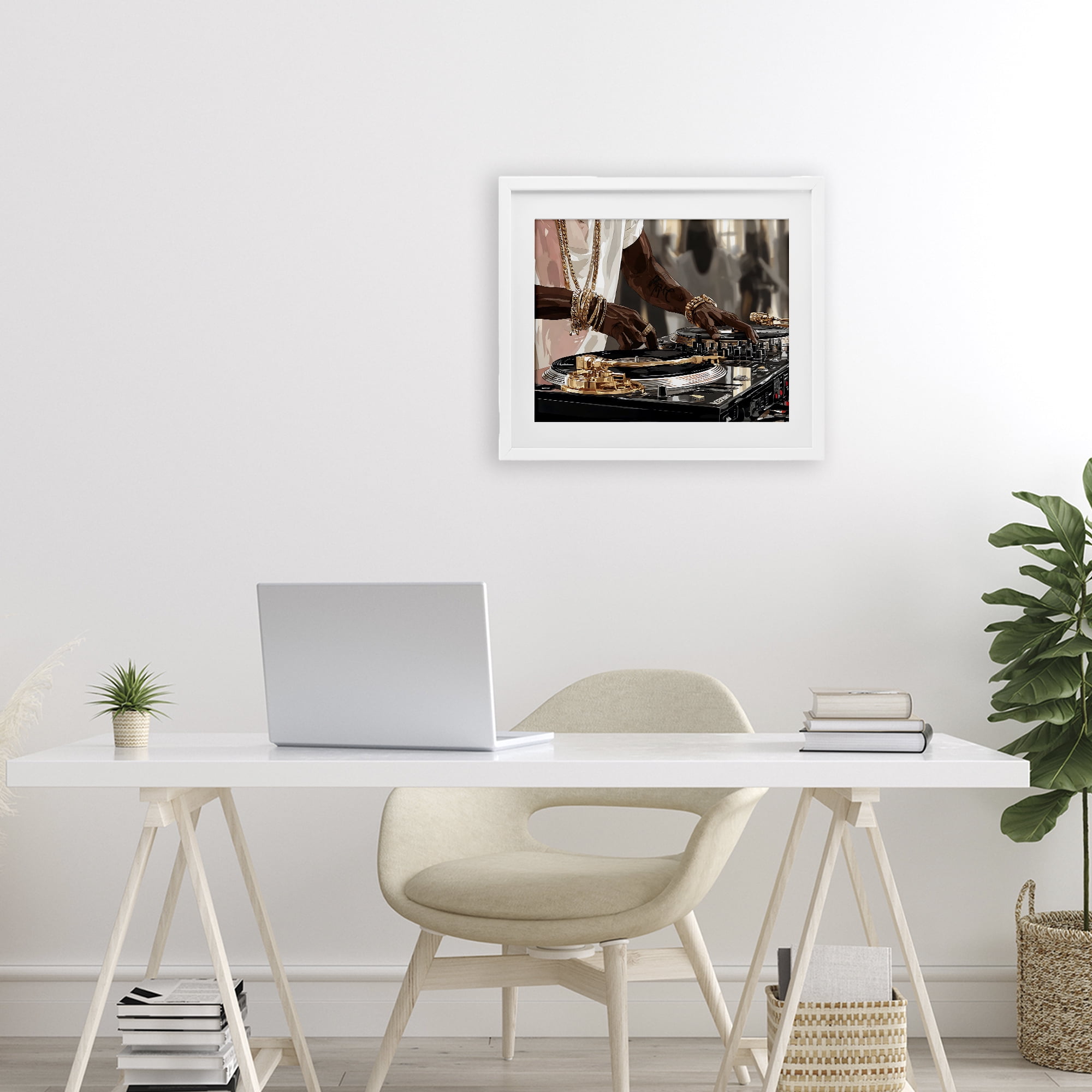 Stupell Industries Golden Sound DJ Turntables White Framed Print Under Glass, design by Franklyn Gregory