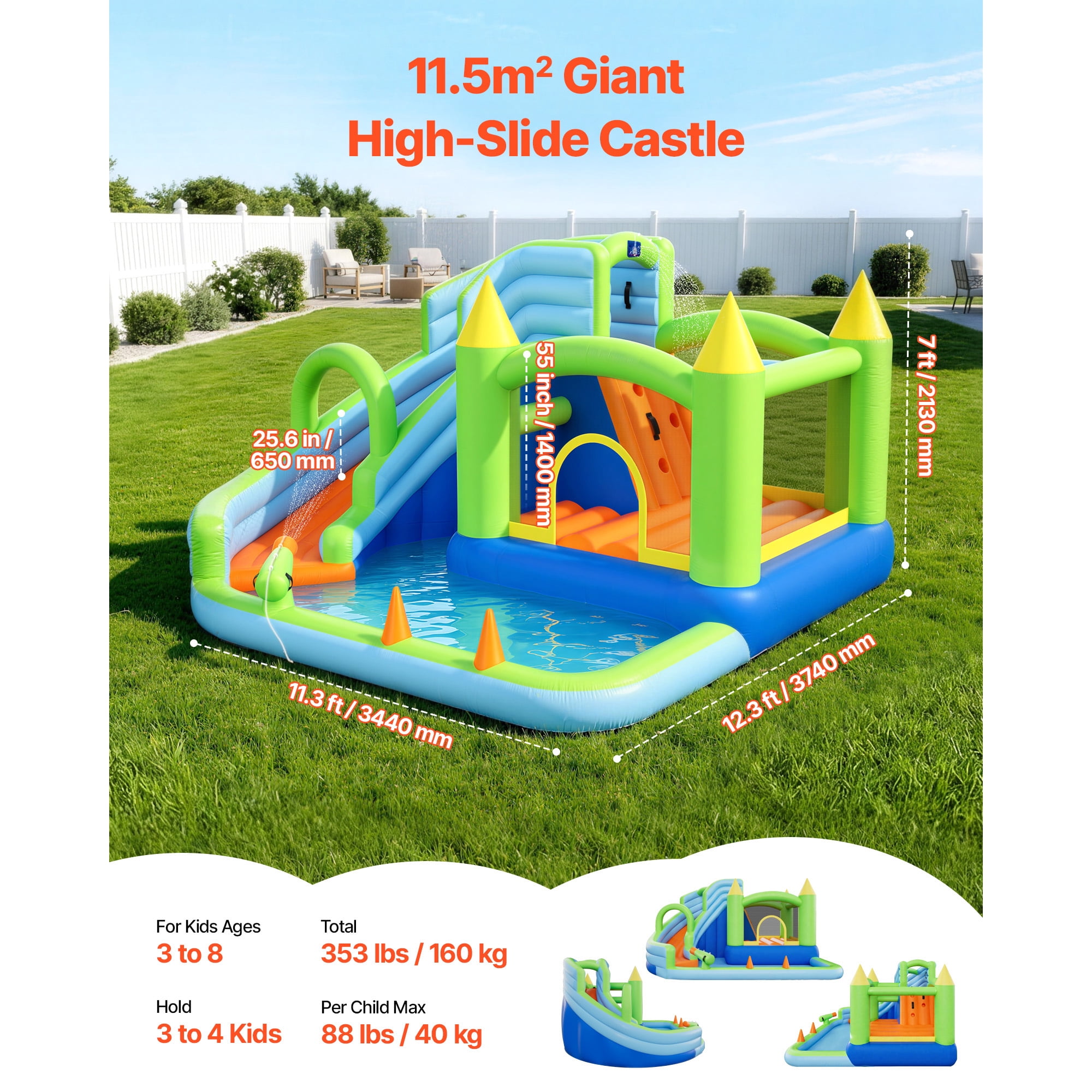 KFFKFF Inflatable Bounce House with Water Slide, 11.3 x 12.3 x 7.0 ft Bouncer Castle Featuring Jump Area, Basketball Hoop, Splash Pool, and Water Ring Toss, Suitable for 3-4 Kids Aged 3-8