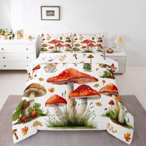 jejeloiu Cartoon Mushroom Queen Comforter Set,Tropical Botanical Plant Bedding Sets,Red White Bedding Comforter Set For Girls Teens,Ultra Soft Home Decor Reversible,3pcs