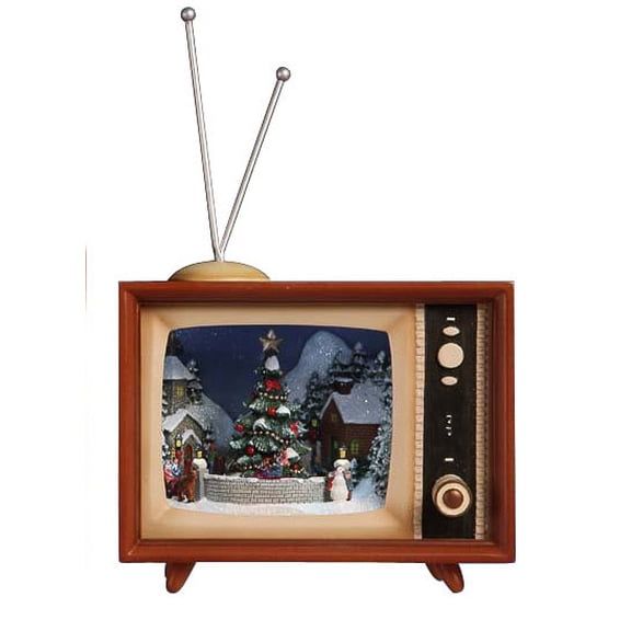 Icy Giftware Set of 2 Brown and White LED Lighted Musical Christmas TV Box Figurines 9"