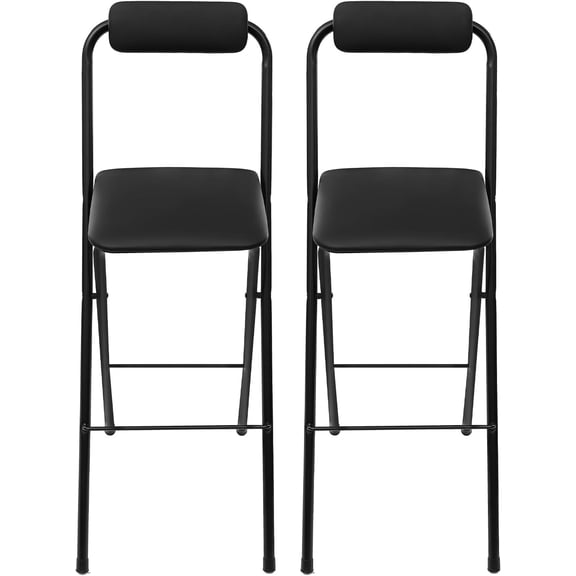 2 PCS Folding Bar Stool with Backrest, 29.5 Inch Tall Foldable Stool Chair with PU Cushioned Padded, Portable Collapsible Counter Height Chair for Home Camping Kitchen Island Shop Cafe, Black