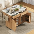 thumbnail image 4 of 52" Fluted Kitchen Island with Drop Leaf, Power Outlet, Storage Cart with Adjustable Shelves, 2 Doors, 2 Drawers, Rolling Table with Walnut Finish, Natural, 4 of 7
