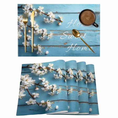 Home Sweet Home Placemats Set of 4 Spring White Floral Blue Wood Grain Heat Insulation Washable Place Mats Rustic Non-Slip Table Mats for Dining Table Party Kitchen Decor 13x19 Inch