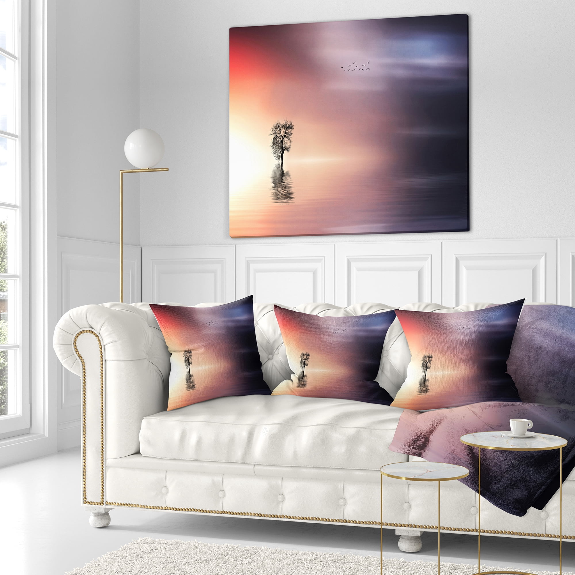 Designart Lonely Tree and Birds Panorama - Landscape Printed Throw Pillow - 16x16