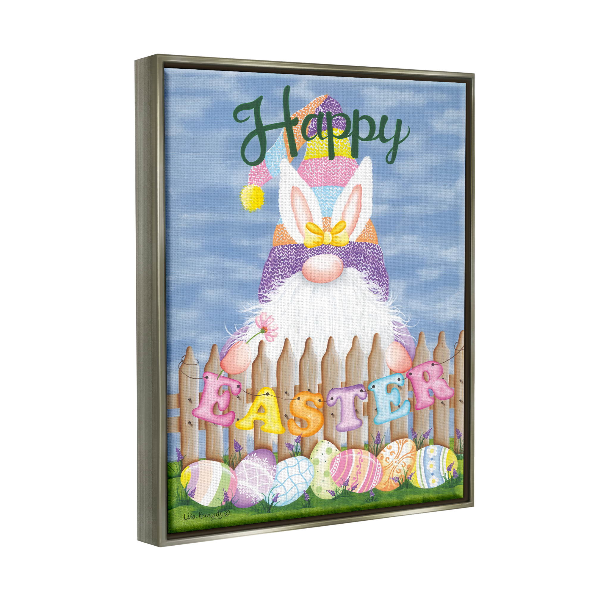 Stupell Happy Easter Garden Gnome Eggs Holiday Painting Gray Floater Framed Art Print Wall Art