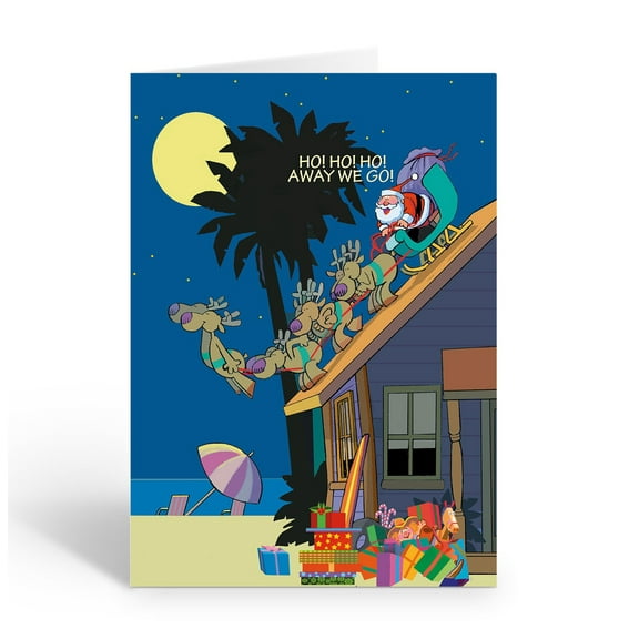 Stonehouse Collection Beach Christmas Card, Santa at Beach House, USA Made, Tropical Holiday Sleigh Design