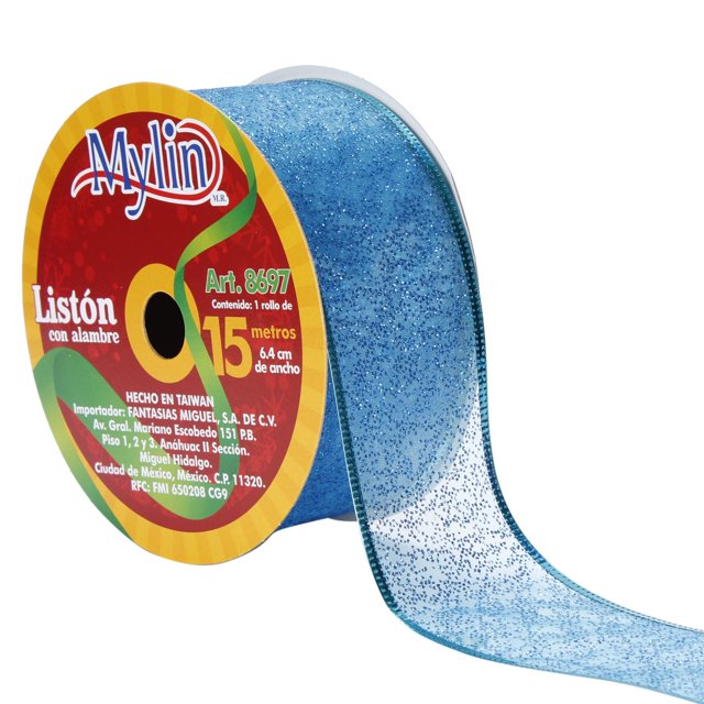 Liston Organza Azul Diamantado Navideño 6.4cmx15m Fantasias Miguel 1pz