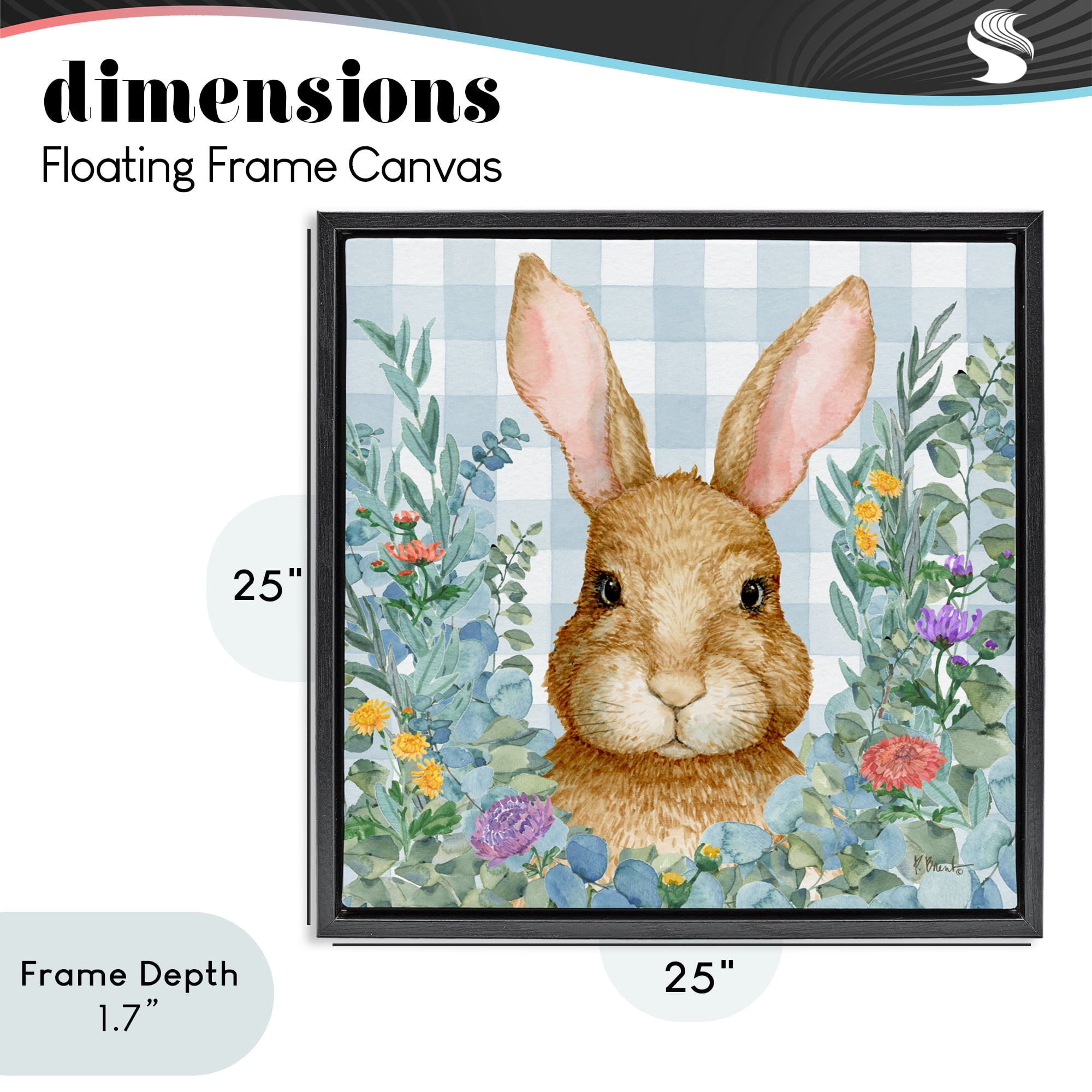 Stupell Industries Rabbit Laurel on Gingham Black Framed Floater Canvas Wall Art, design by Paul Brent