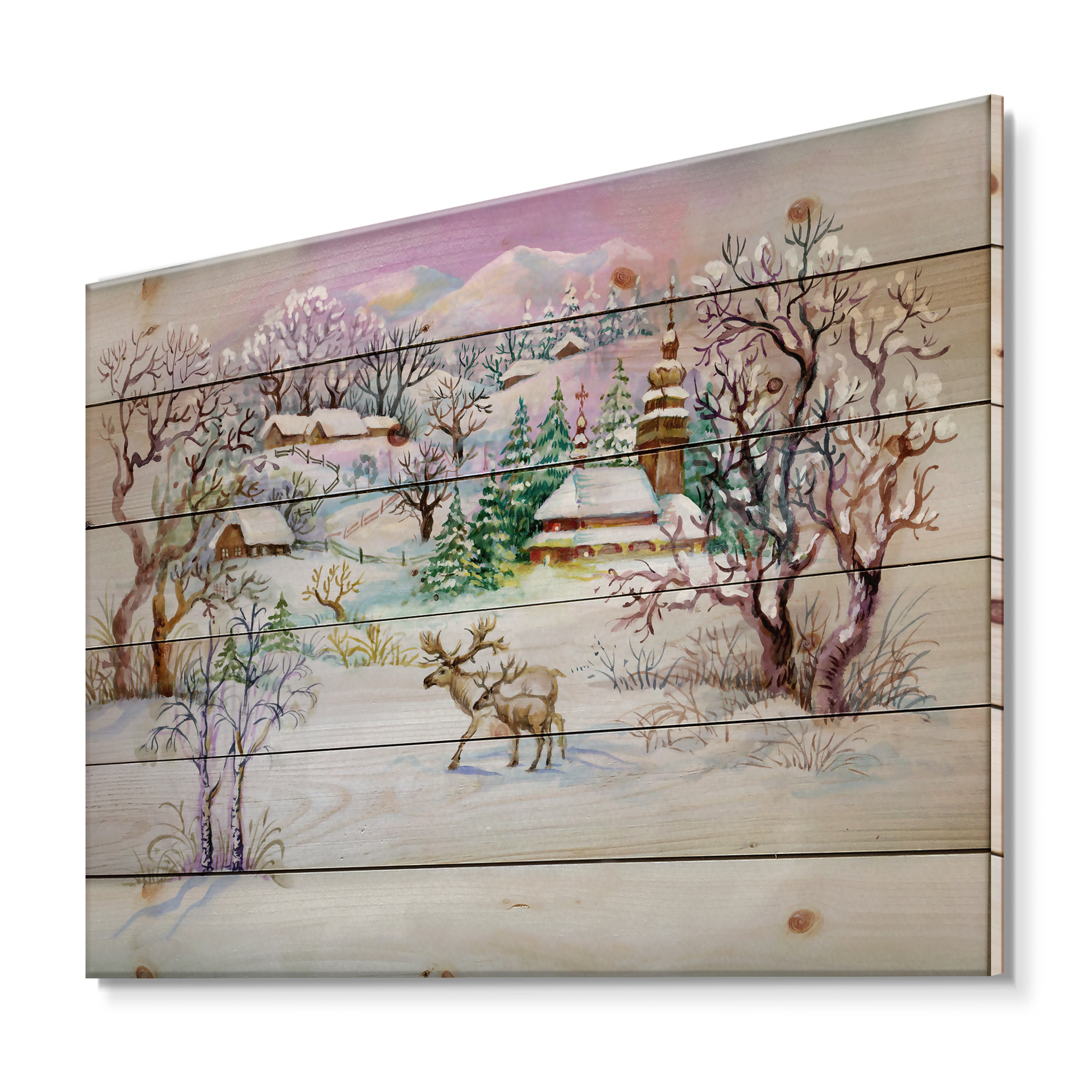 Designart 'Winter VIllage Life Landscape' Traditional Print on Natural Pine Wood