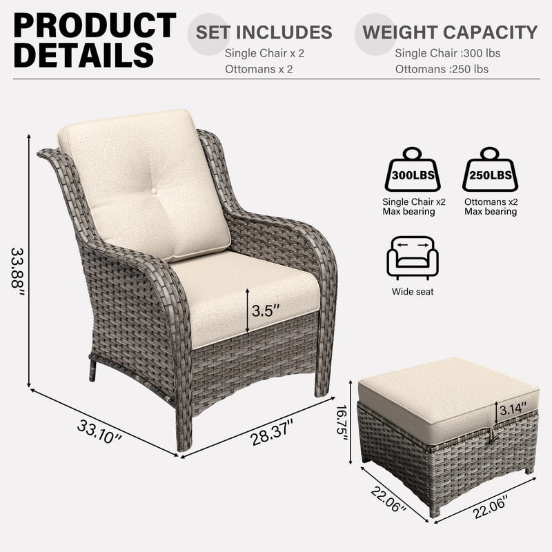 Meetleisure 4 Piece Wicker Patio Furniture Set, Rattan Chairs with Ottomans, High Back, Deep Seating, Wide Armrest, Thick Cushions for Deck Porch, Beige