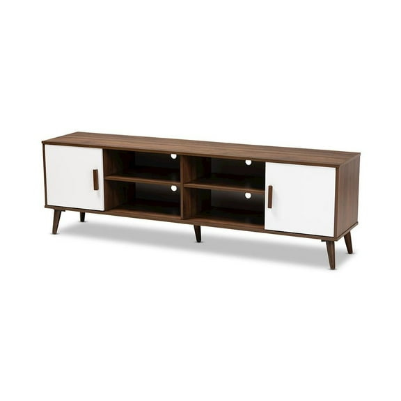 Baxton Studio Quinn Mid-Century Modern Two-Tone White and Walnut Finished 2-Door Wood TV Stand