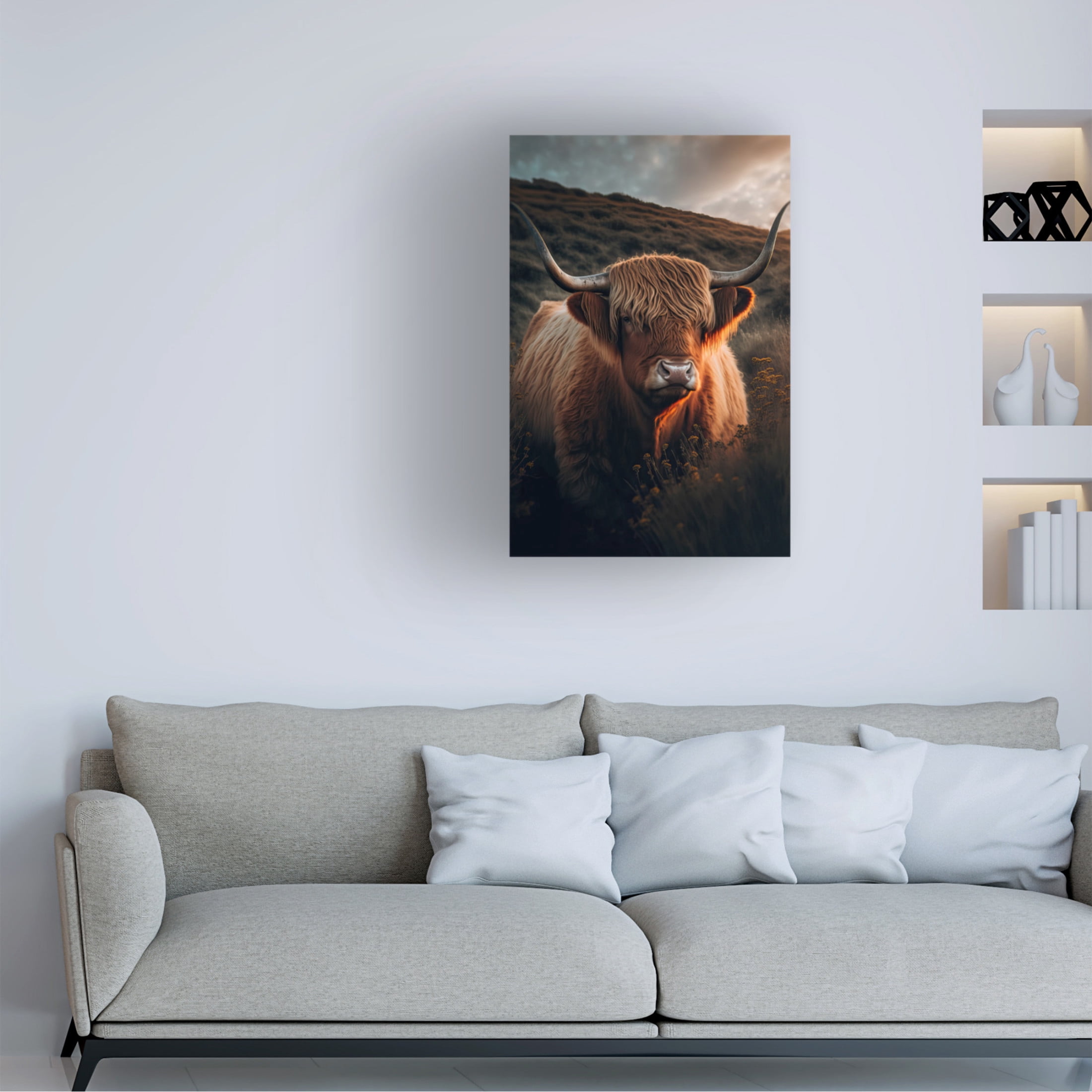 Canvas Wall Art - Treechild 'Highland Cow With Big Horns' Wall Art for Living Room, Bedroom, or Office D?cor by Trademark Fine Art - 12 x 19 Inches
