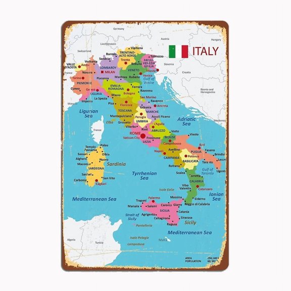 Italy Map with Regions and Main Cities Metal Sign Mural Painting Cinema Living Room Cinema Funny Aluminum Poster Retro Home Tavern Size: 12 x 8 Inches