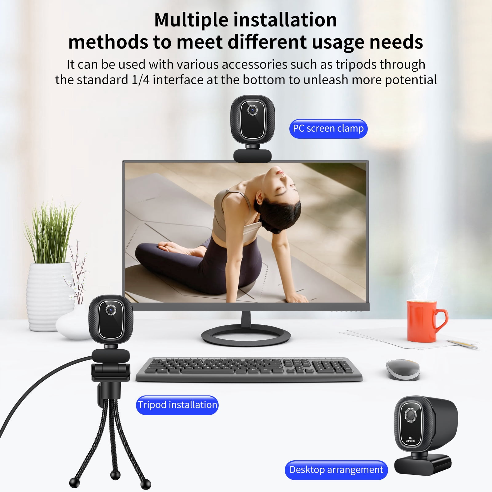 4K Webcam with Built-in Ring Light, Auto & Fixed Focus USB CMOS Camera for Live Streaming