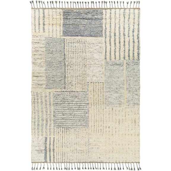 Hauteloom Xomox Wool Living Room, Bedroom Area Rug - Patchwork Striped Abstract - Bohemian Transitional Moroccan - High Pile - Cream, Gray, Beige - 2' x 3'