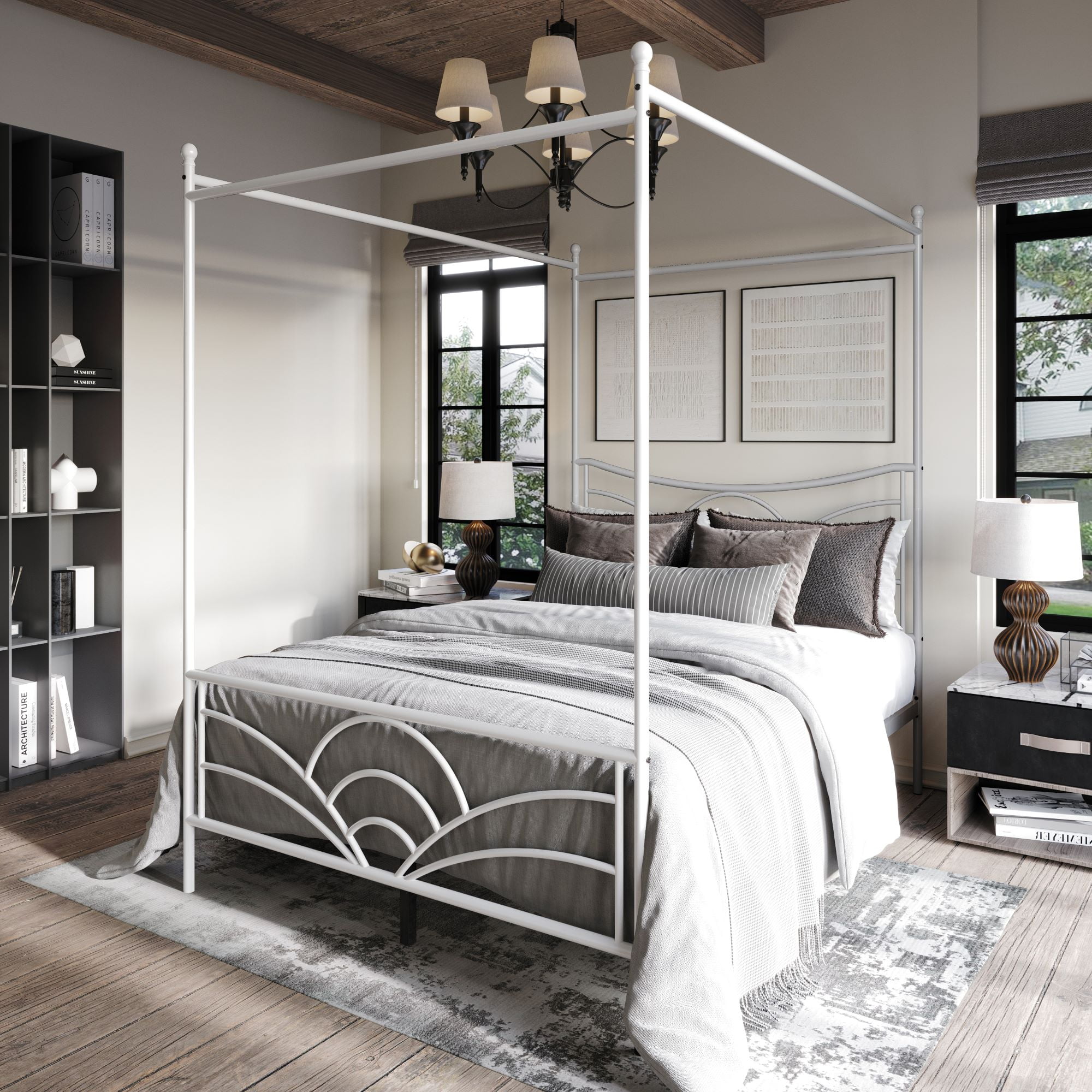 Home Design Denver Full Metal Canopy Bed Frame with Arched Headboard and Central Support Leg, White, Easy Assembly