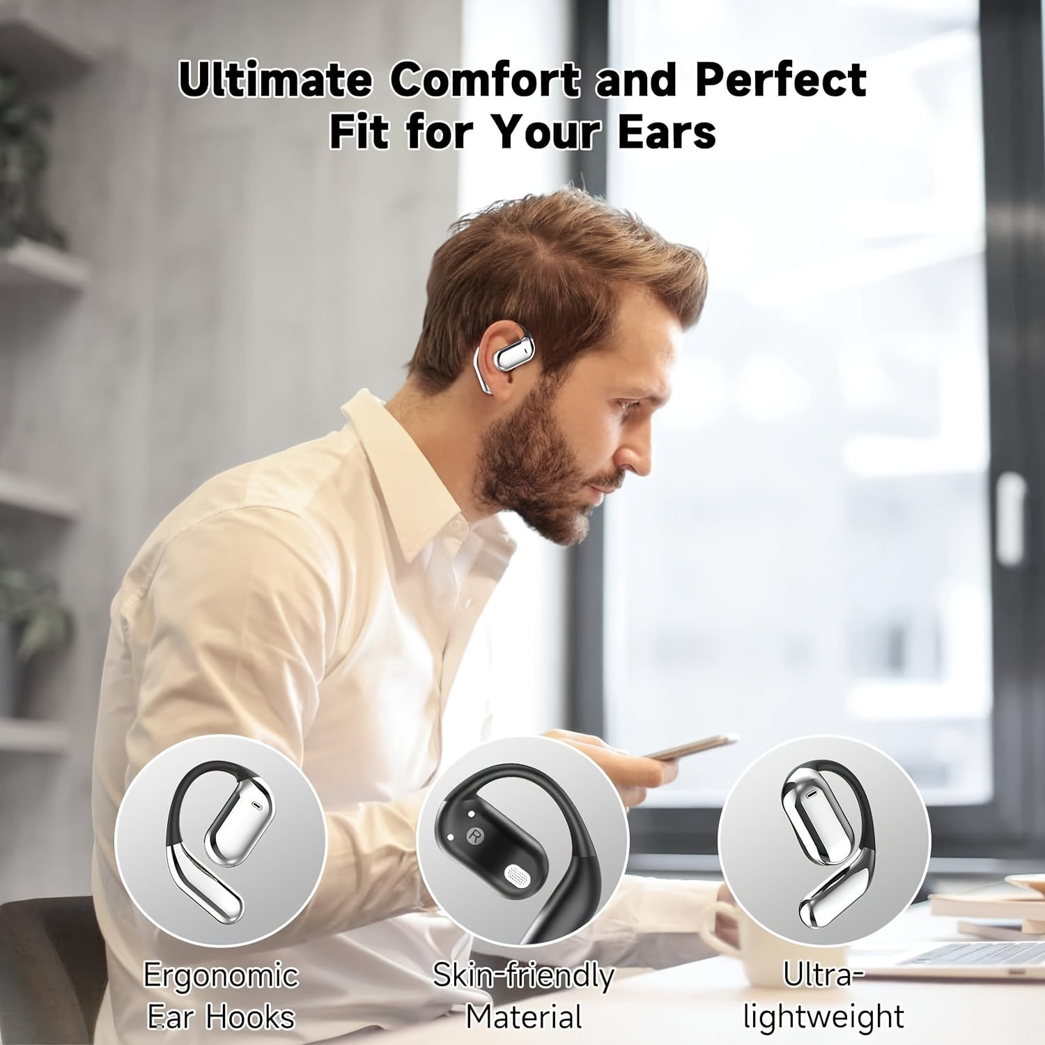 Famous Tech Shop Bone Conduction Bluetooth 5.4 Earbuds, Open-Ear, Black, LED Display, IPX5 Waterproof, 50-Hour Playtime