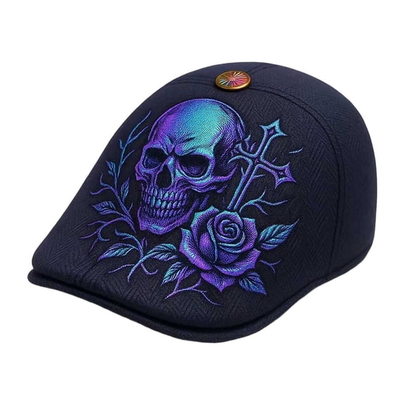 Rose Newsboy Cap Gothic Embroidery Flat Bill Beret For Fashion Retro Streetwear Hat