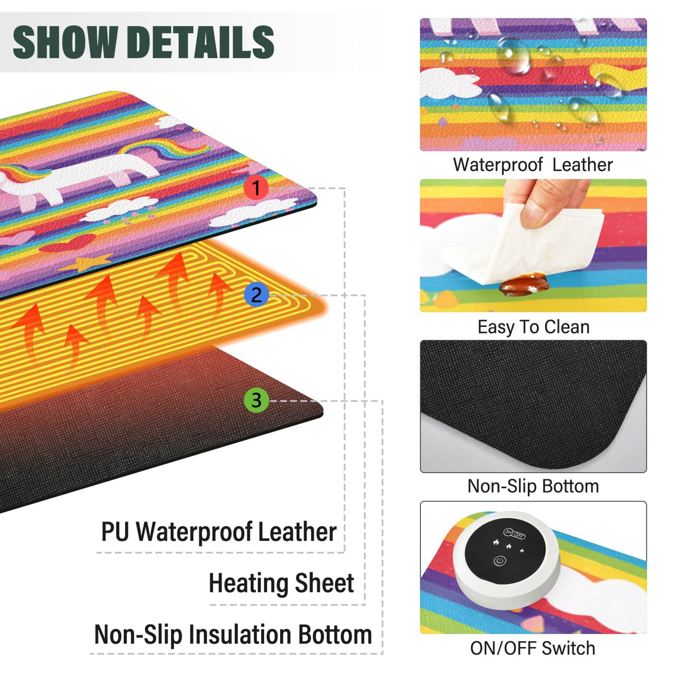 Large Heated Desk Mat Mouse Pad 31.5"x13"PU Leather Graphene Heating Desk Warmer with 3 Temperature Settings 110V US Plug Non-Slip Warm Pad for Home, Office, and Gaming Rainbow Striped Unicorn Print