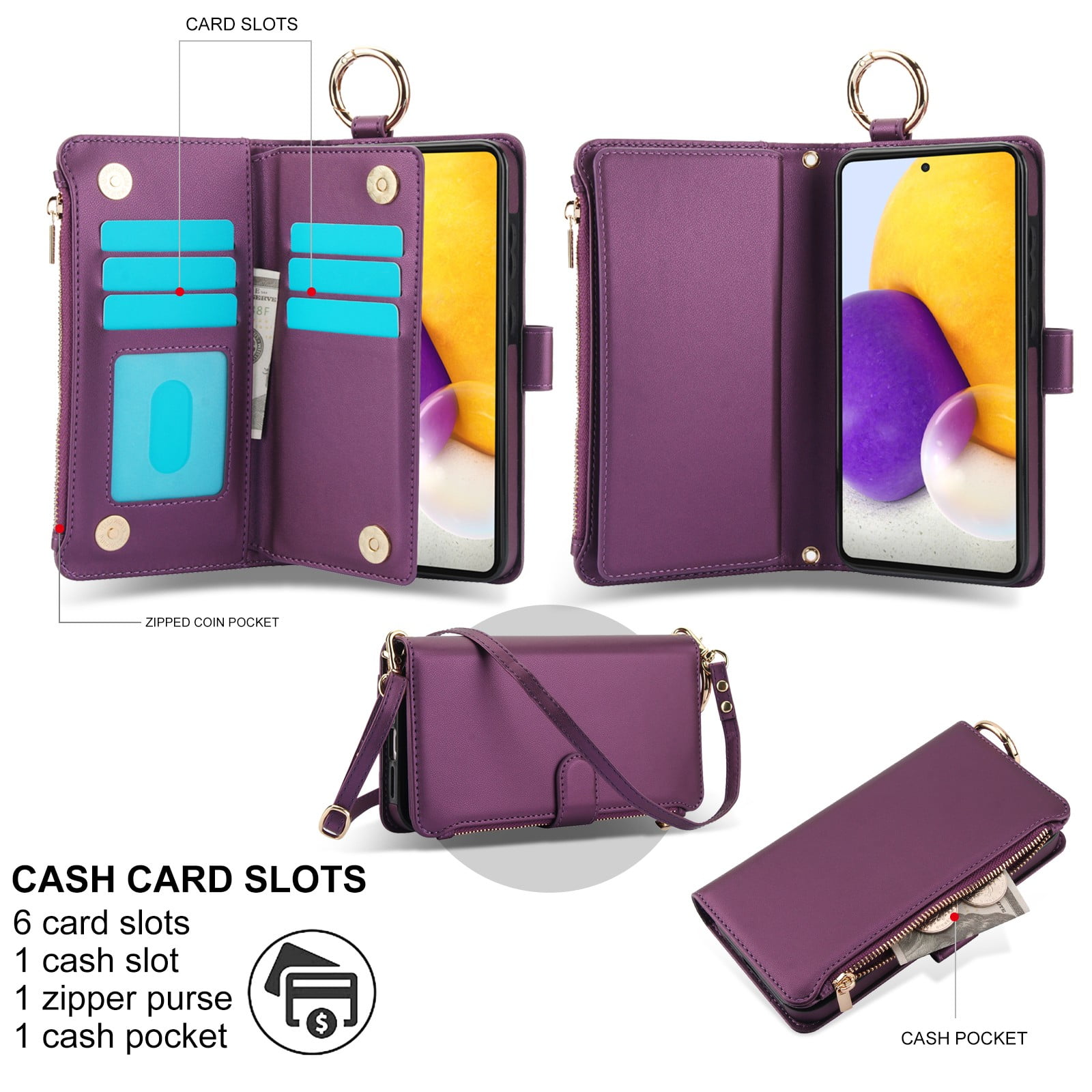 ELEHOLD For Samsung Galaxy A53 5G Phone Case Leather Crossbody Zipper Card Wallet Flip Case Kickstand Cover, with Ring Holder,Full Body Protection-Deeppurple