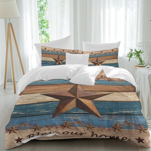 Country Stars Bedding Duvet Cover Set California King Size 4 Pieces, Navy Blue Wood Grain Bless Our Home Farmhouses Bedding Set with Zipper, 1 Comforter Cover 96x104in 1 Flat Sheet & 2 Pillow Cases