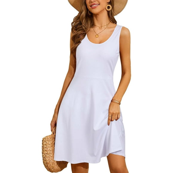 STYLEWORD Robe Blanche Sans Manches Col Rond Ligne A Robe d'Été Plage Vacances Remise des Diplômes Retour à la Maison (Blanc, TG)