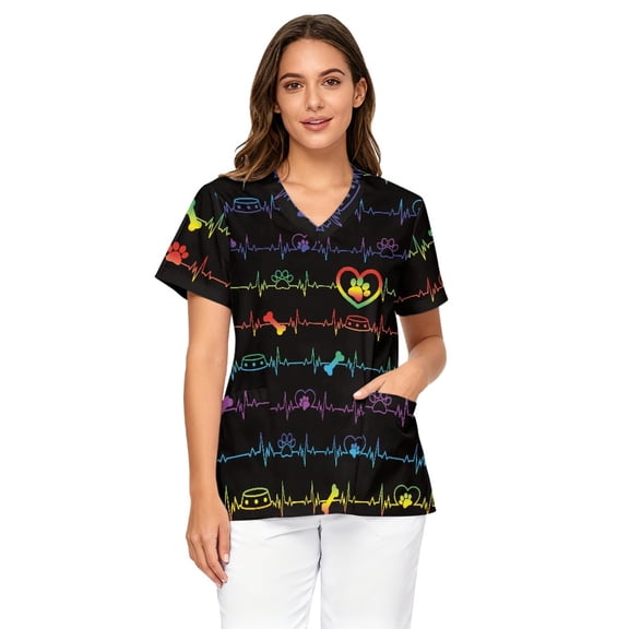 Binienty Paw Heart Pattern Healthcare Work Shirt for Women Soft Stretch Comfortable Short Sleeve Top with 2 Pockets Scrub Shirts for Medical