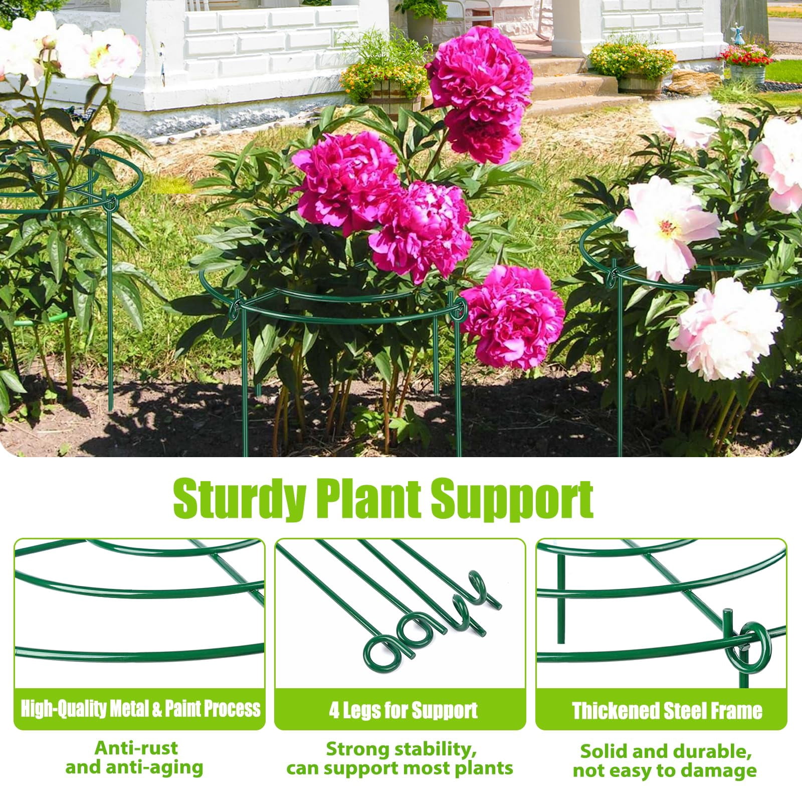 SLUMLOVE 4 Pack Peony Cages and Supports,11.8x16 Inch Heavy Duty Metal Plant Support Cage-Rust‑Resistant Flower Support Rings for Peonies, Roses, Tomatoes, Hydrangeas & Outdoor Plants