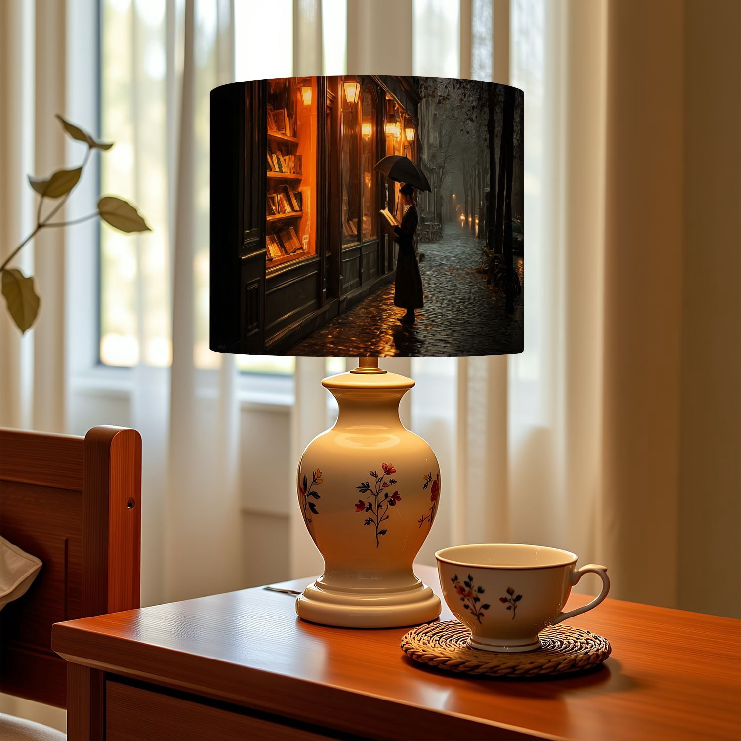 Gothic Linen Drum Lampshades Rainy Evening Street Reading Under Umbrella Warm Lit Bookstore 13"x13"x10" Light Shade for Table Lamps Floor Lamp Shades Lampshade Replacement Assembly Required