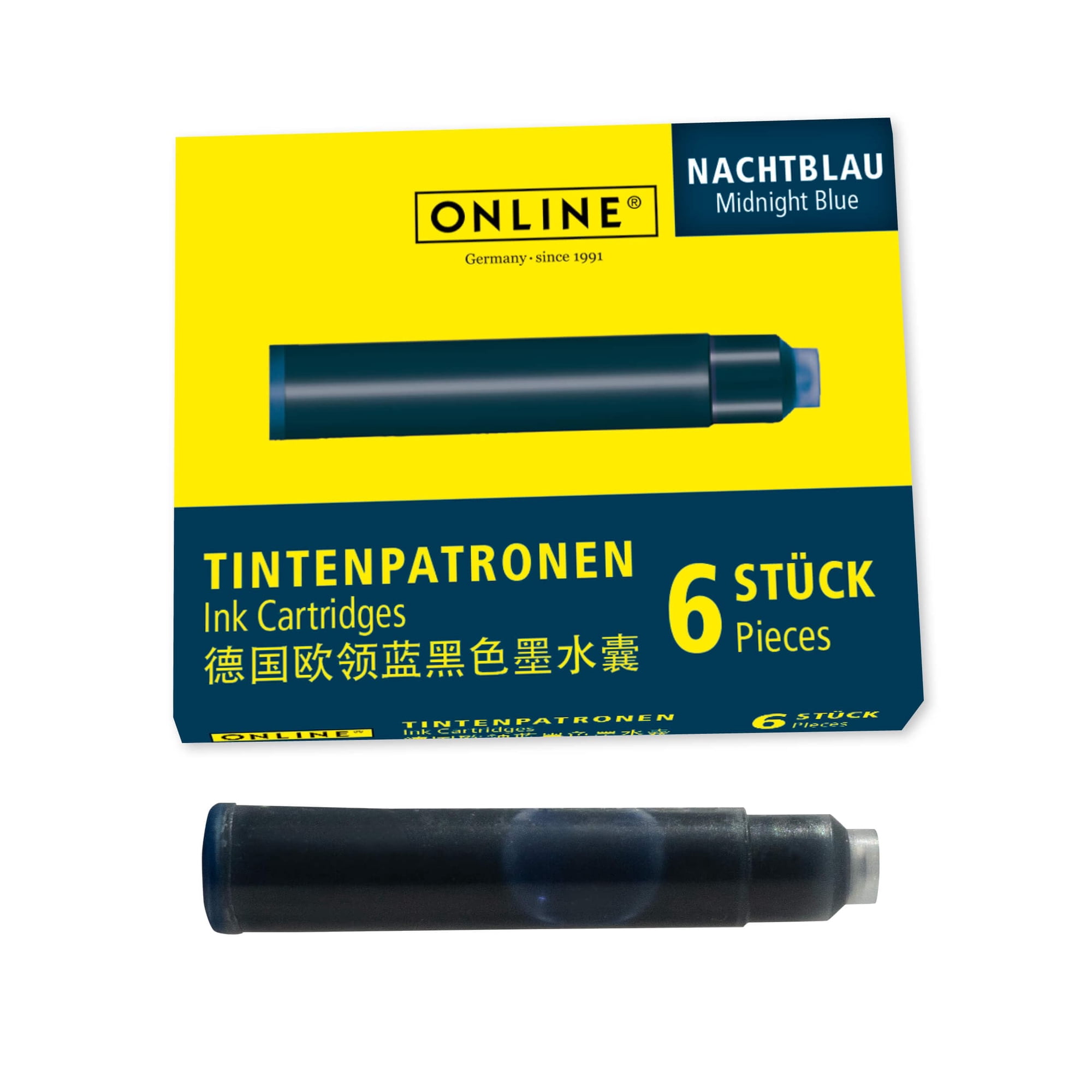 ONLINE Standard Ink cartridges; Universal Fountain Pen Ink; Compatible with All Common Standard Fountain pens; 6 Pieces; Colour Midnight Blue; Frost-Resisting; Non-erasable