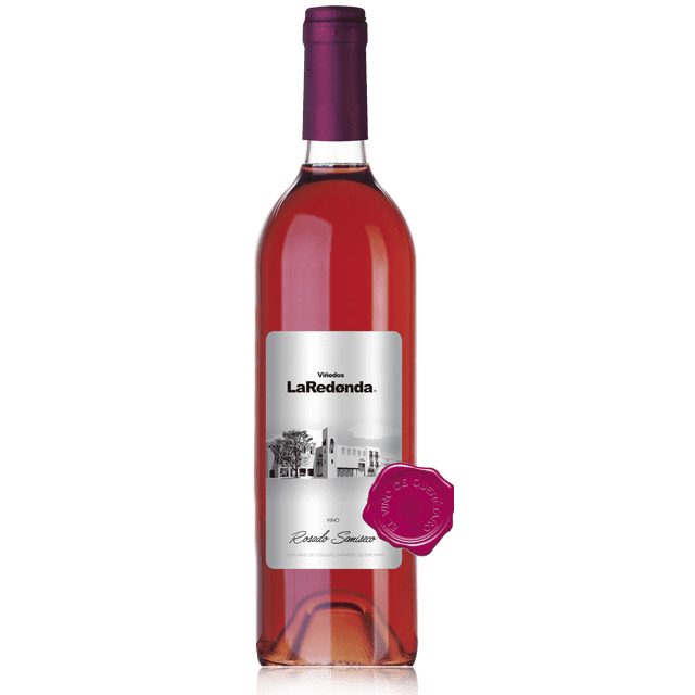 vino rosado la redonda rosado semi seco 750 ml vid mexicana cabernet sauvignon y malbec botella frontal, color rosado intensidad media-alta, etiqueta blanca con texto LaRedonda y sello circular fucsia, cápsula fucsia en el cuello; variedades Cabernet Sauvignon y Malbec, sin paso por barrica, marida con quesos suaves y ensaladas.