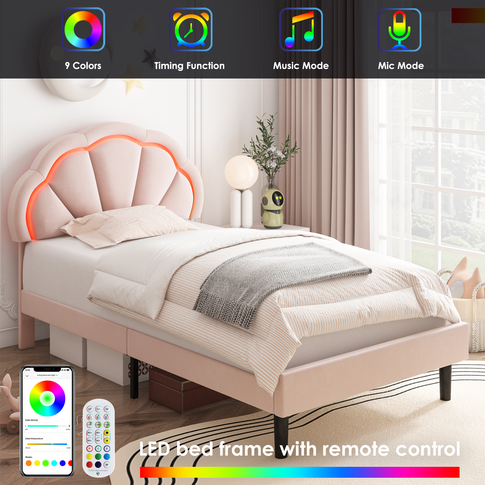 Homfa LED Bed Frame, Twin Size Velvet Upholstered Platform Bed with Adjustable Headboard, Lights Seashell Bed, Pink