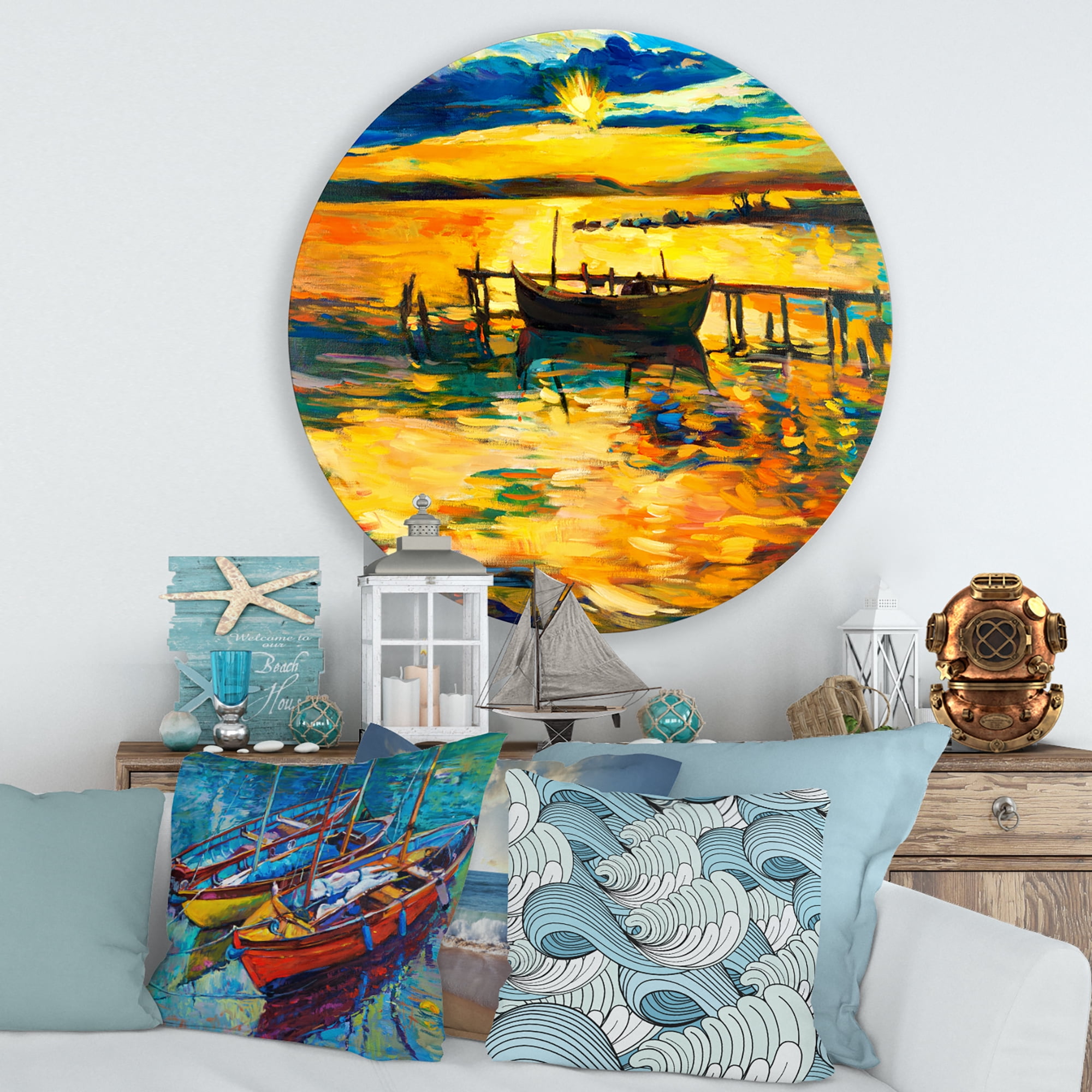 Designart 'Boat At The Lake During Evening Glow VI' Nautical & Coastal Circle Metal Wall Art 36x36 - Disc of 36