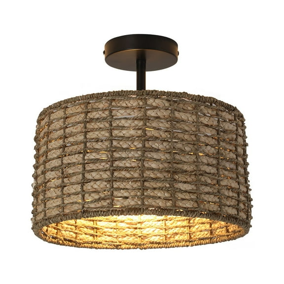 Vintage Rattan Semi Flush Mount Ceiling Light, 2-Light 12.99" Light Fixture with Hand Woven Drum Shade, Ceiling Light for Hallway Bedroom Kitchen Entryway