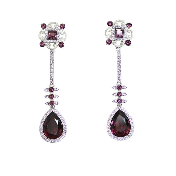 Faship Purple Teardrop Rhinestone Crystal Dangling Floral Earrings