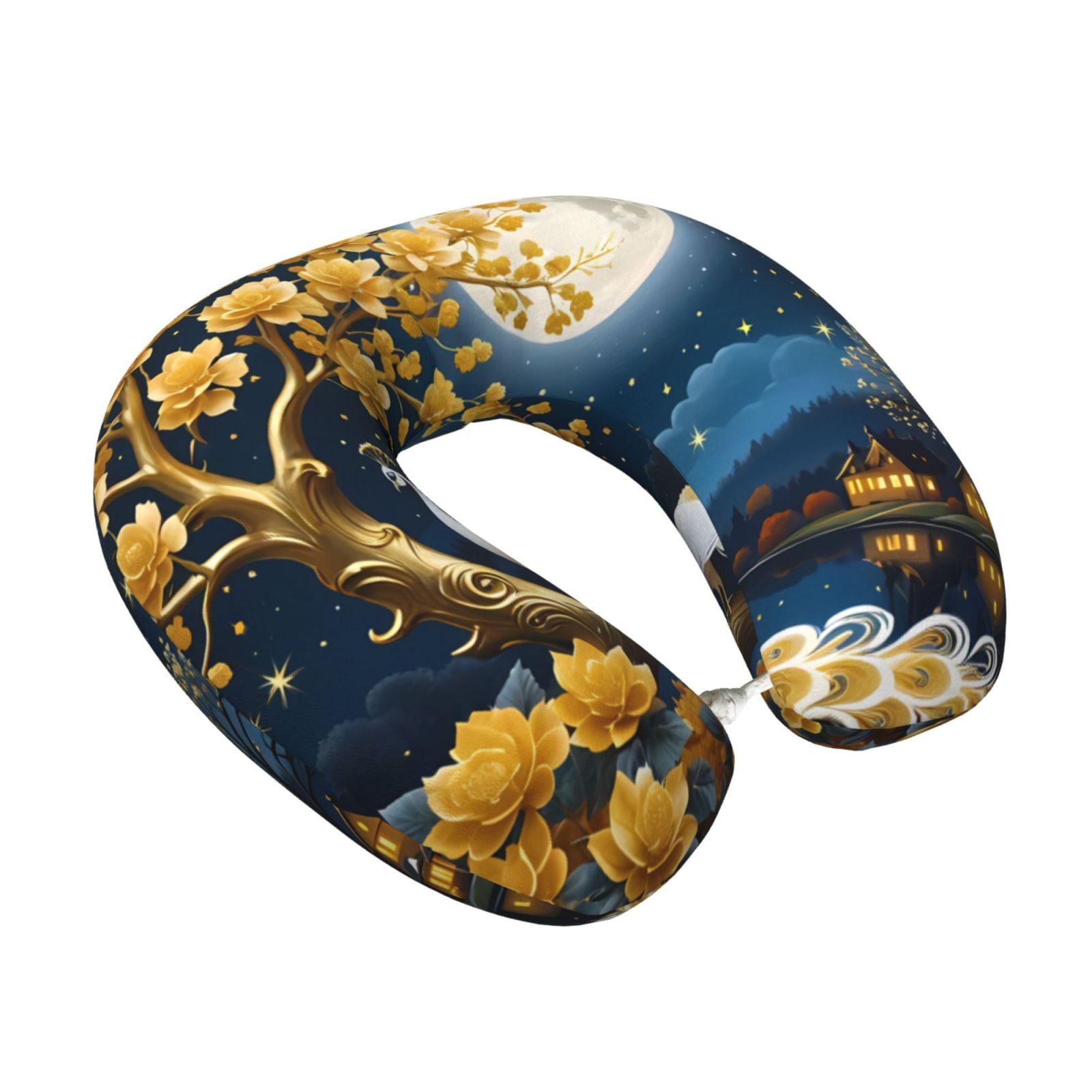 Xecao Moonlit Golden Tree Peacock Print Memory Foam Cervical Neck Pillow Versatile U-Shaped Pillows for Home,Office,Camping,Travelling,Soft Washable Cover