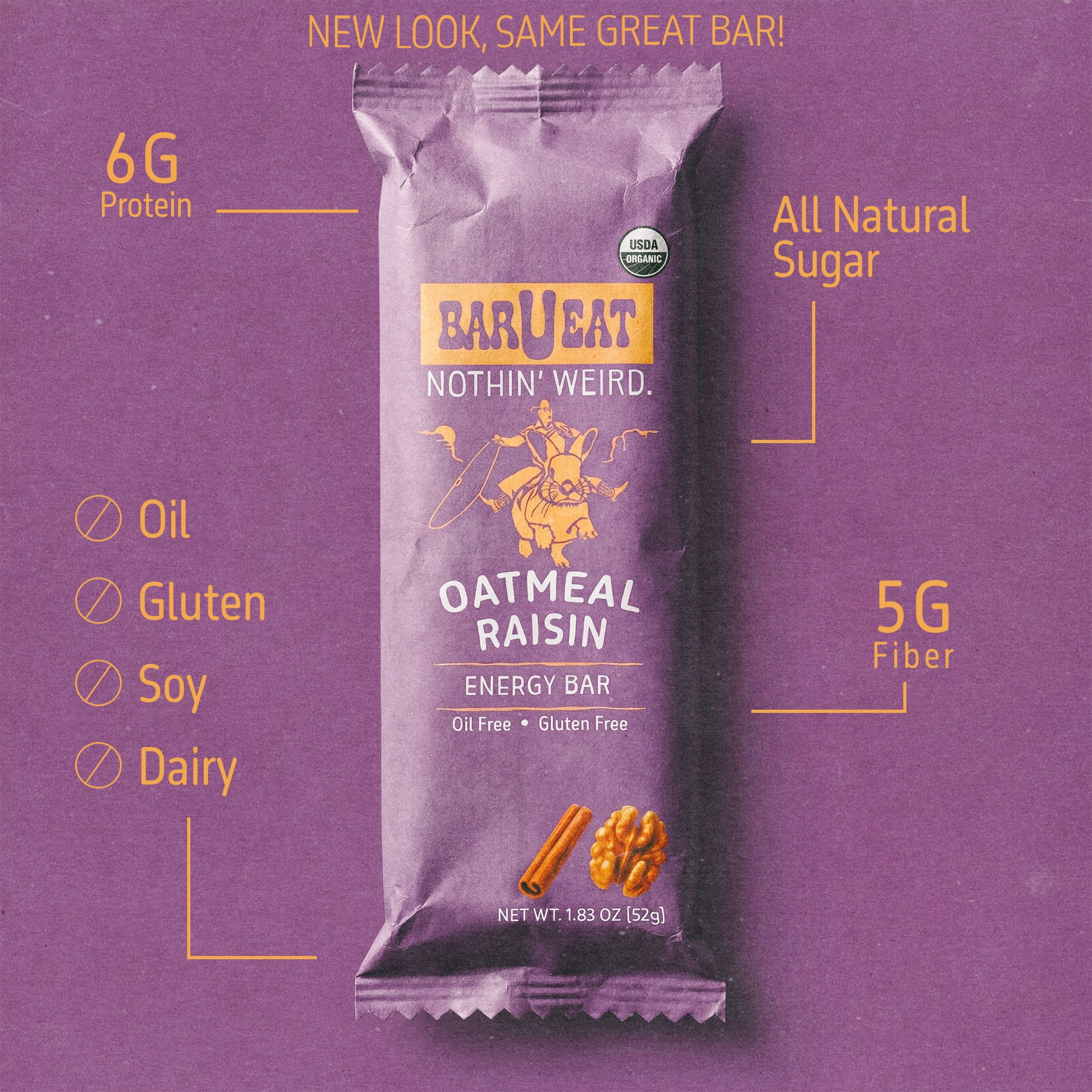 BAR-U-EAT Gluten-Free, Organic, Soft & Chewy Energy Bar. Whole Food Ingredients | Compostable Packaging | No Artificial Sugar | Healthy Snacks (Oatmeal Raisin 12 Pack)