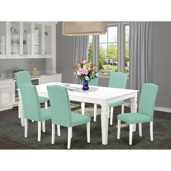 East West Furniture Logan 7-piece Wood Dining Set in Linen White/Pond
