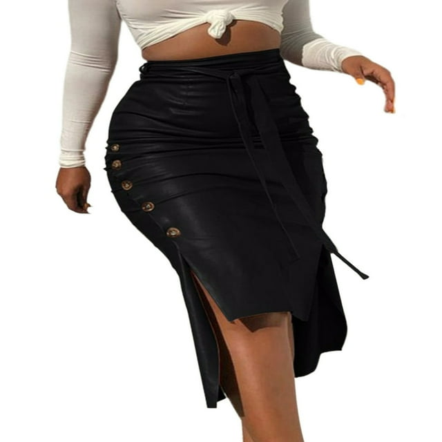 Women High Waist Button Trim Solid Color Slit Bodycon Leather Midi Pencil Skirt