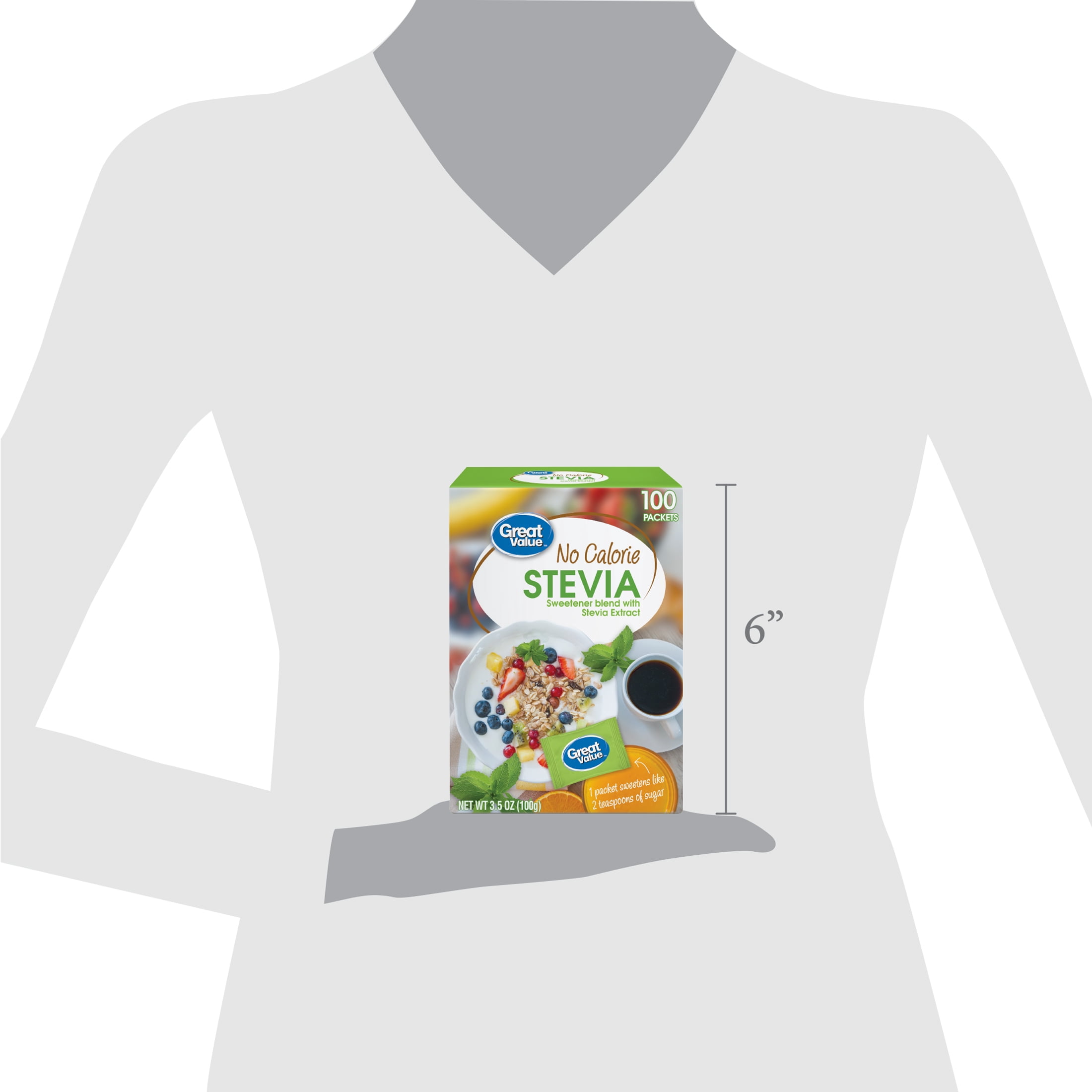 Great Value No Calorie Stevia, Sweetener Blend with Stevia Extract, 100 Packets, Carton Box