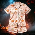 thumbnail image 2 of Afdoent Girls Pajamas Set Halloween Pumpkin Print Sleepwear Short Sleeve Lapel Top And Shorts Comfy Pajamas Set Casual Loungewear Comfortable Kids Holiday Sleepwear 4-5 Years, 2 of 4