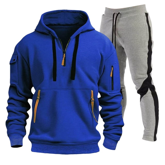 Ketyyh-chn99 Sweat Suits for Men Set 2 Pcs Hoodie Jogger Sweatsuits Men's Sports Two Piece Solid Color Multipocket Half Zipper Hooded Sweater Color Matching Waist Casual Pants Size for 3XL,Blue